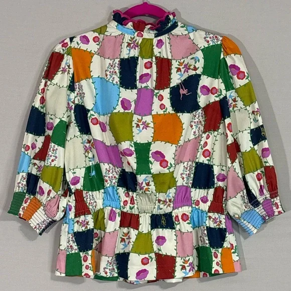 Alden Adair Patchwork Floral Ruffle Blouse Size L Cotton Peplum Top